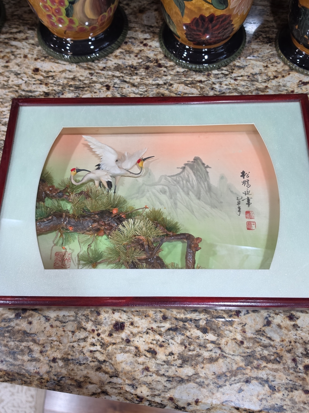 Framed Asian Bird Relief Art with Pine and Cranes